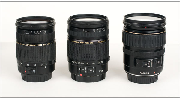 Tamron AF28-300mm F/3.5-6.3 VC lens (center) compared Canon EF 28-135mm IS (right) and Tamron AF28-75mm f/2.8 XR Di (left)