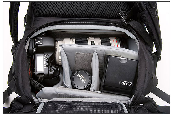 Lowepro Primus main compartment loaded with Canon EOS 5D and other camera gear