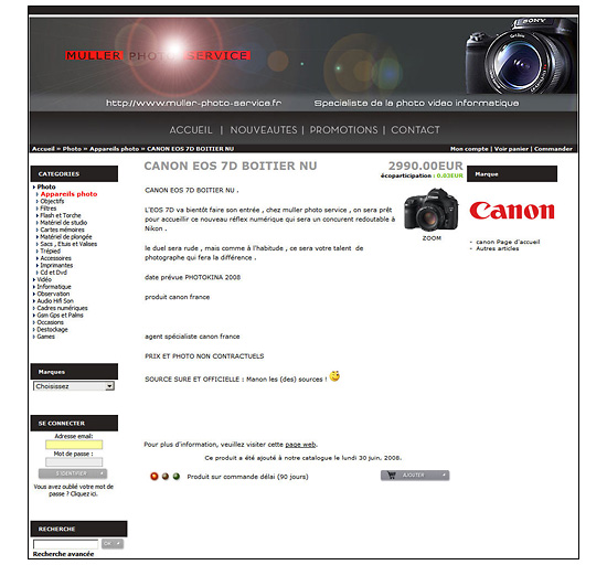 Canon EOS 7D on Muller Photo Service Web site