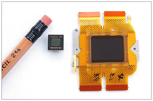 Olympus Pen sensor (right) compared to standard compact digital camera sensor.