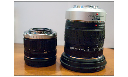 Spy photo: New Olympus 9-18mm Micro Four Thirds lens (left) next to the Four Thirds version.
