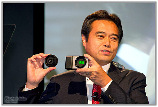 Masashi Imamura, VP of Sony's Imaging Group, presents the Sony Compact Alpha concept camera.