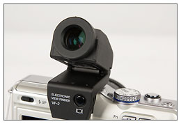 Olympus E-PL1 Pen camera with EVF (electronic viewfinder) mounted