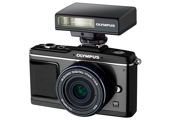 All black Olympus E-P2 kit with black 17mm lens and black flash