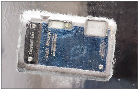 Waterproof, shockproof Olympus Tough TG-610 frozen in ice