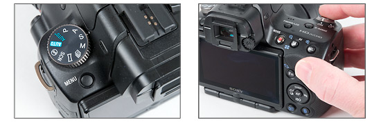 Sony Alpha SLT-A55 mode dial and camera controls