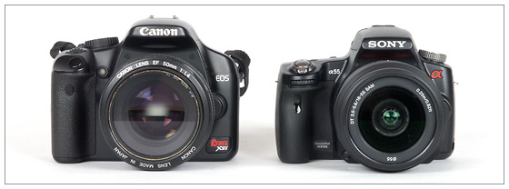 Sony Alpha SLT-A55 (right) and Canon EOS Rebel XSi / 400D