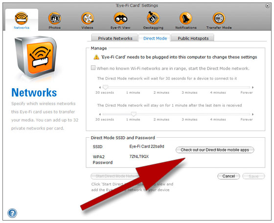 Eye-Fi Direct Mode settings