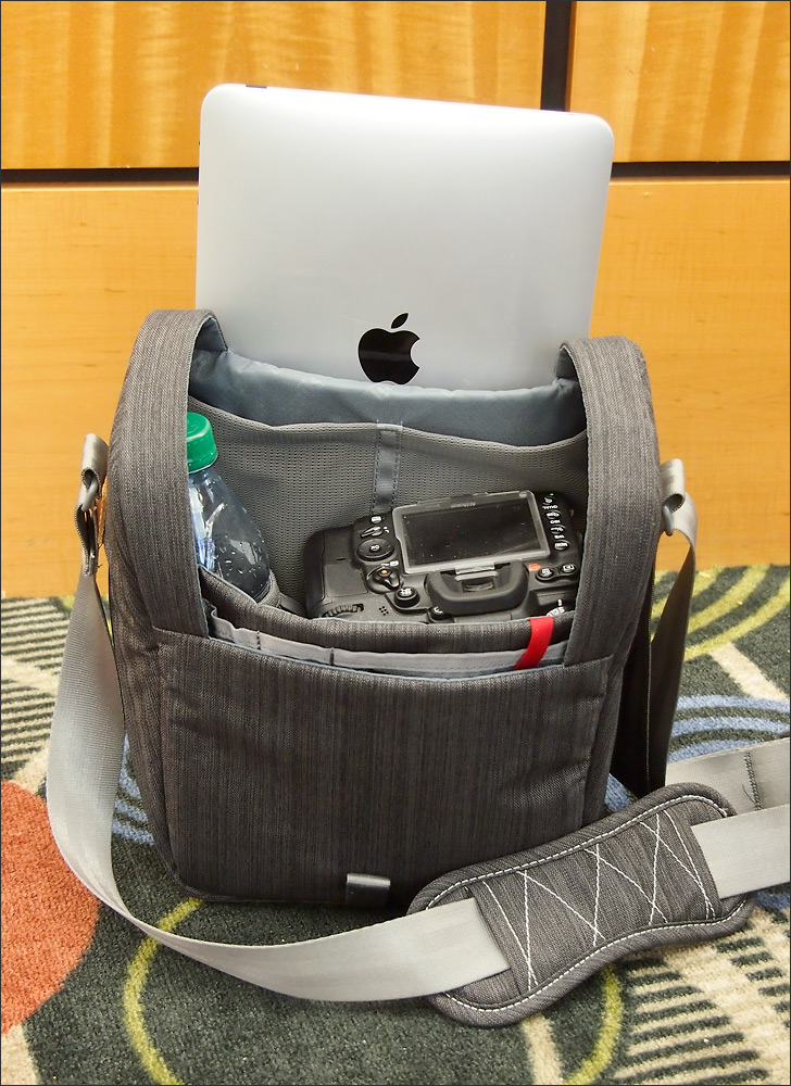 Interior of the Clik "Classic" shoulder pack, with Nikon D7000 DSLR, iPad and water bottle