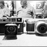 Leica M9 digital rangefinder next to the Olympus E-P3 Micro Four Thirds camera