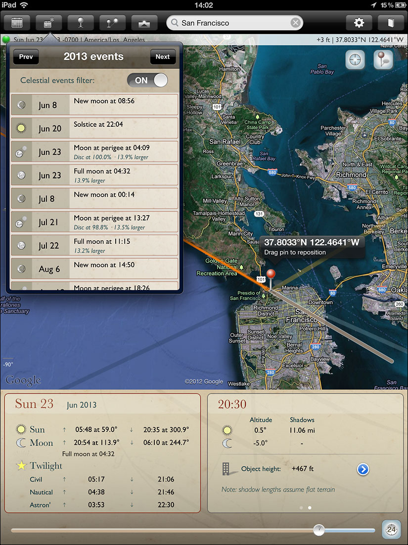 The Photographer's Ephemeris (TPE) iPad App - Events Dropdown