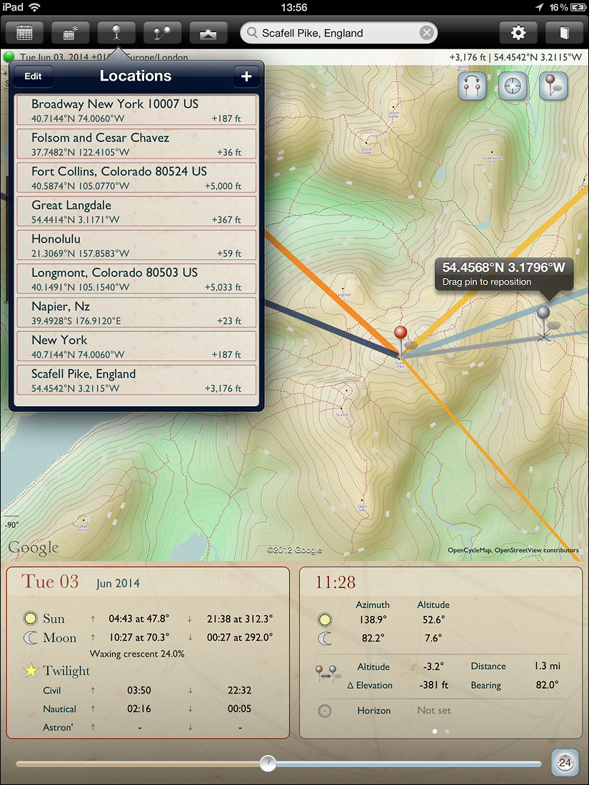 The Photographer's Ephemeris (TPE) iPad App - Locations Dropdown