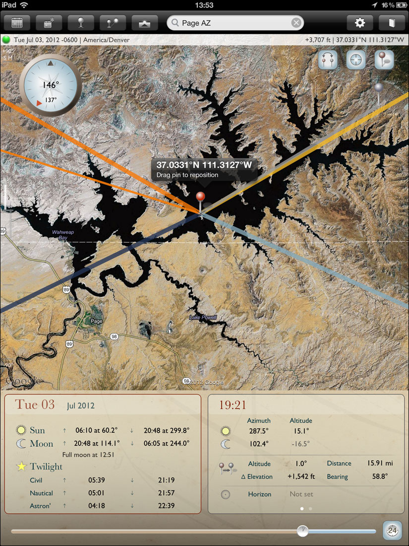 The Photographer's Ephemeris iPad App - Lake Powell Screenshot