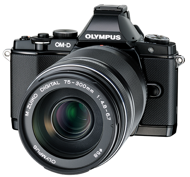 New Olympus 75-300mm f/4.8-6.7 II Zoom Lens On Black OM-D E-M5 - Angle