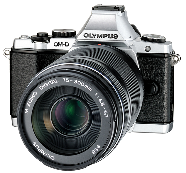 New Olympus 75-300mm f/4.8-6.7 II Zoom Lens On Silver OM-D E-M5 - Angle