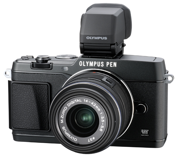 Olympus E-P5 Pen Camera - Front View With VF-4 Electronic Viewfinder