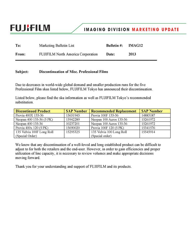 Fujifilm Provia 400X & Neopan 400 Discontinuation Letter